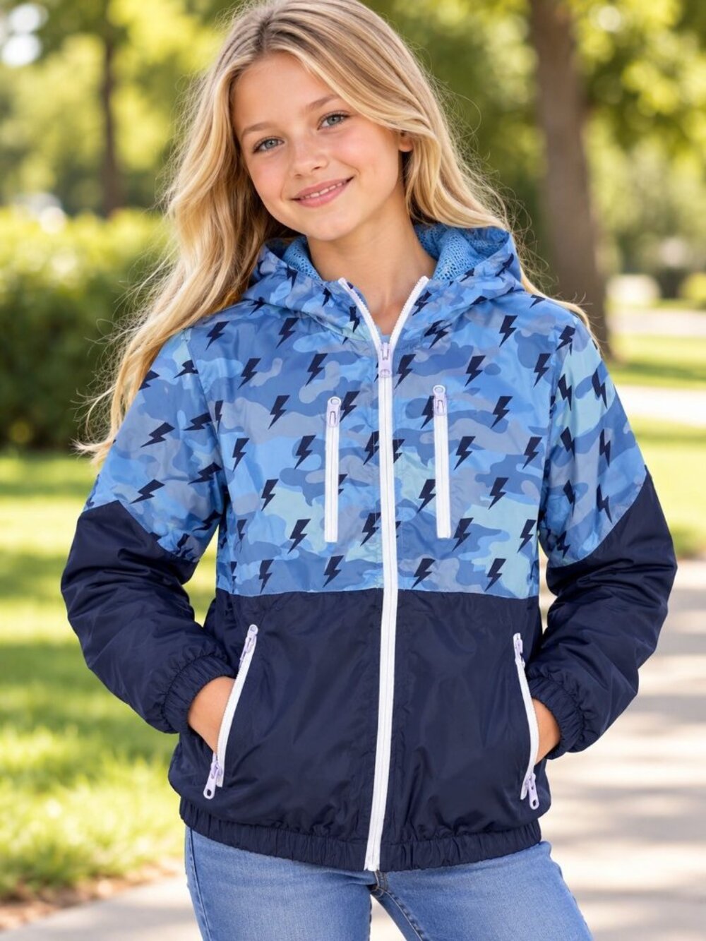 Bocini Unisex Blue Black Camouflage Lightning Bolt Hooded Windbreaker Size Mediu